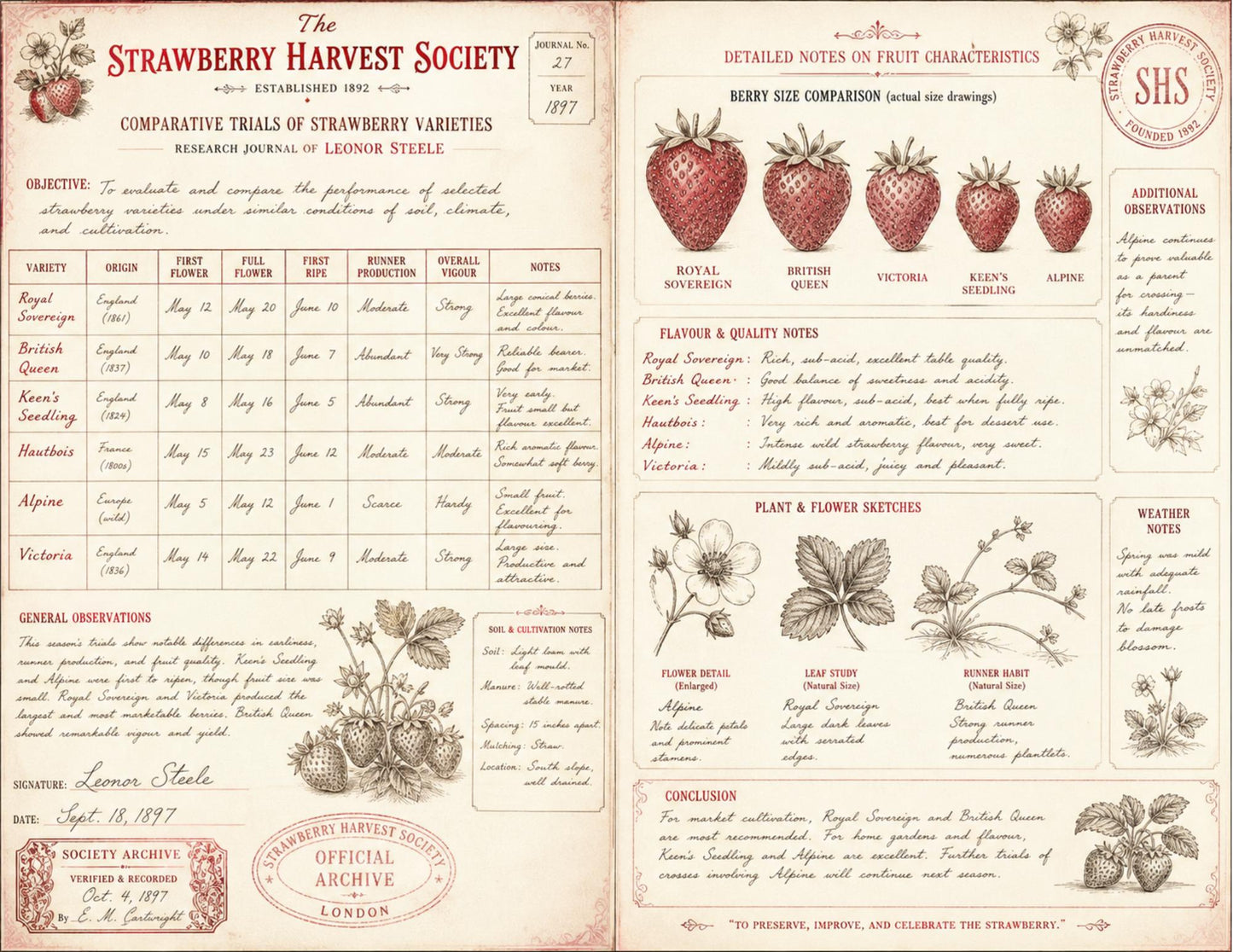 Strawberry Harvest Society Journal & Record Pages | 18 Printable Pages | Vintage Botanical Strawberry Junk Journal Kit