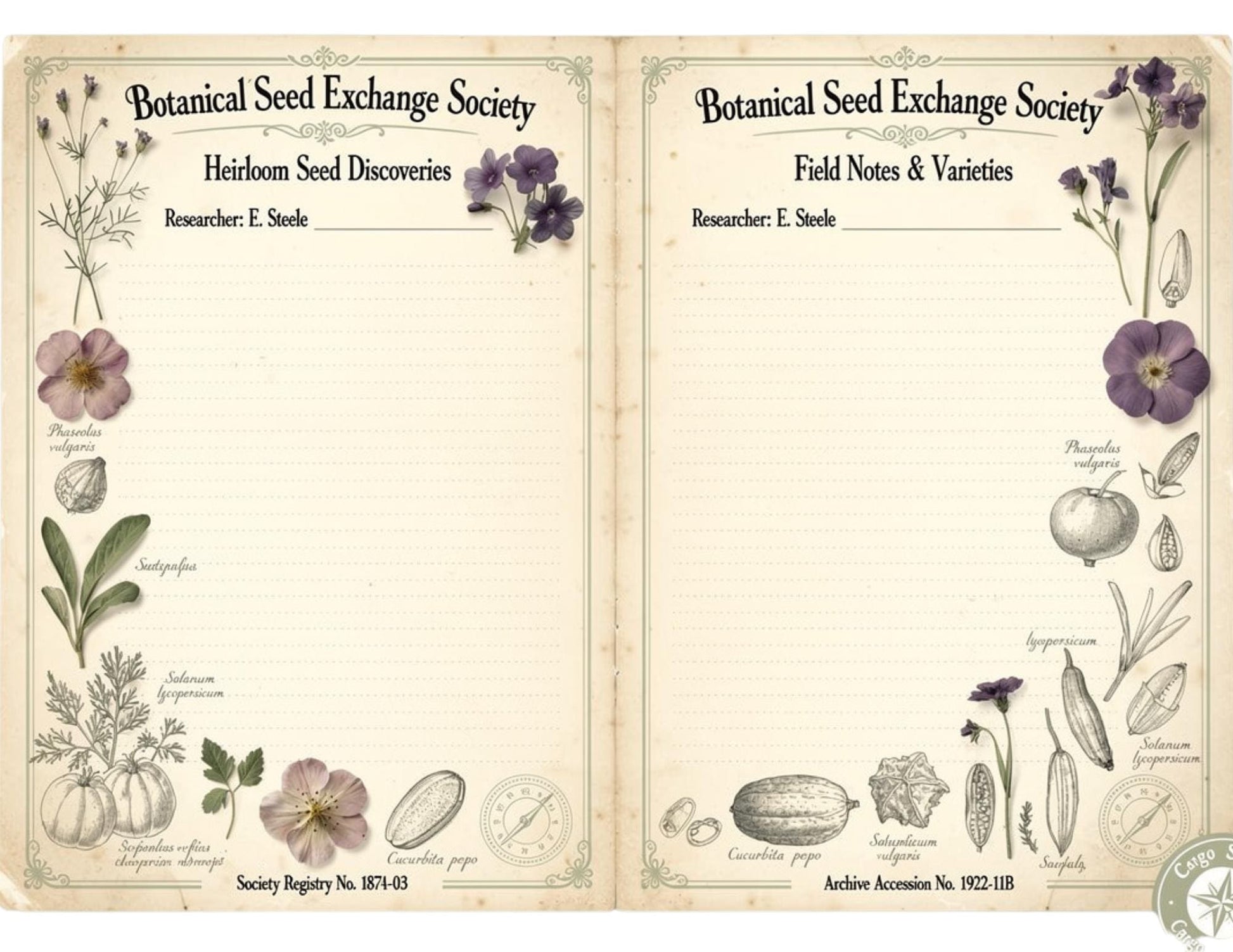 Botanical Seed Exchange Society Garden Observation Journal | 14 Printable Pages | Botanical Writing Pages & Garden Records