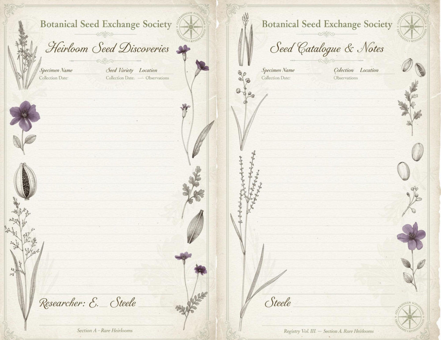 Botanical Seed Exchange Society Garden Observation Journal | 14 Printable Pages | Botanical Writing Pages & Garden Records