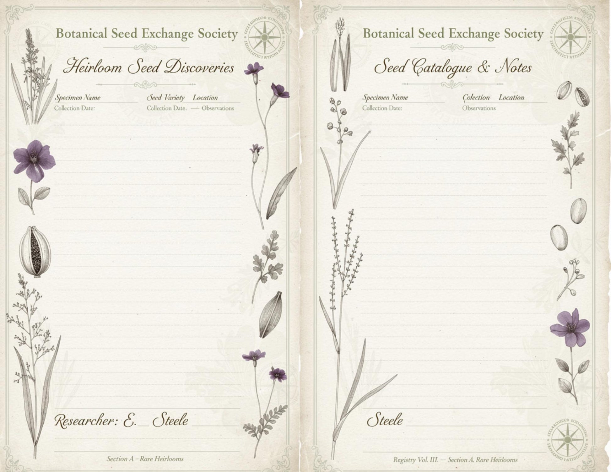 Botanical Seed Exchange Society Garden Observation Journal | 14 Printable Pages | Botanical Writing Pages & Garden Records