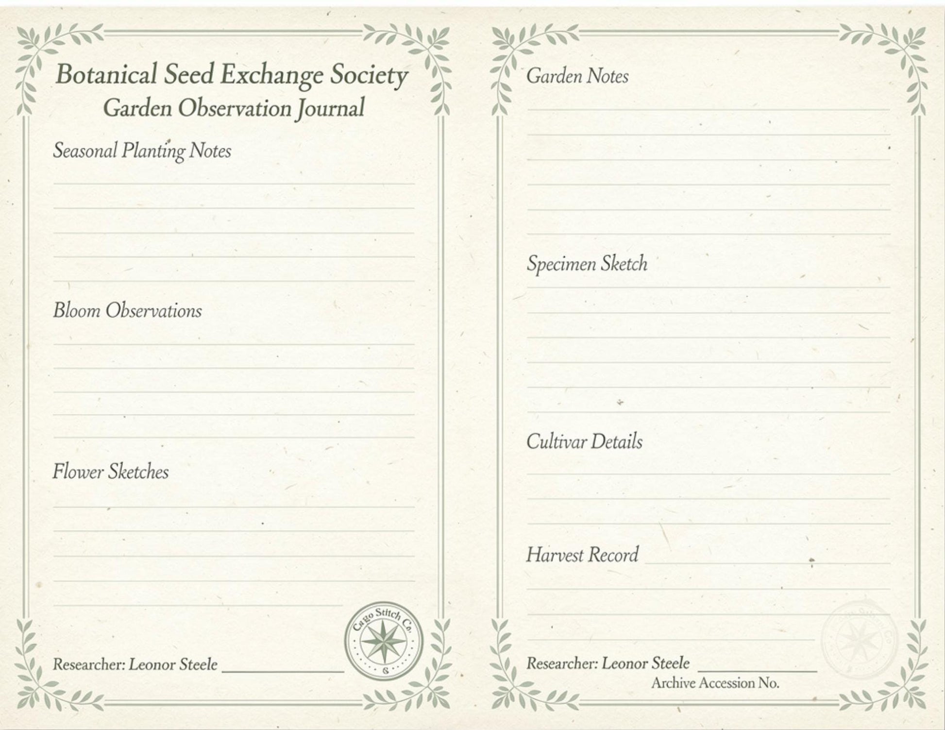 Botanical Seed Exchange Society Garden Observation Journal | 14 Printable Pages | Botanical Writing Pages & Garden Records