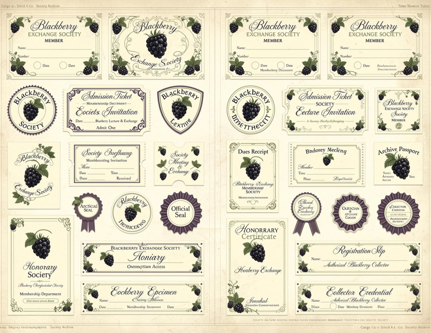 Blackberry Exchange Society Ephemera Collection | 19 Printable Pages, Vintage Botanical Junk Journal Kit | Tags, Labels Tickets Certificates