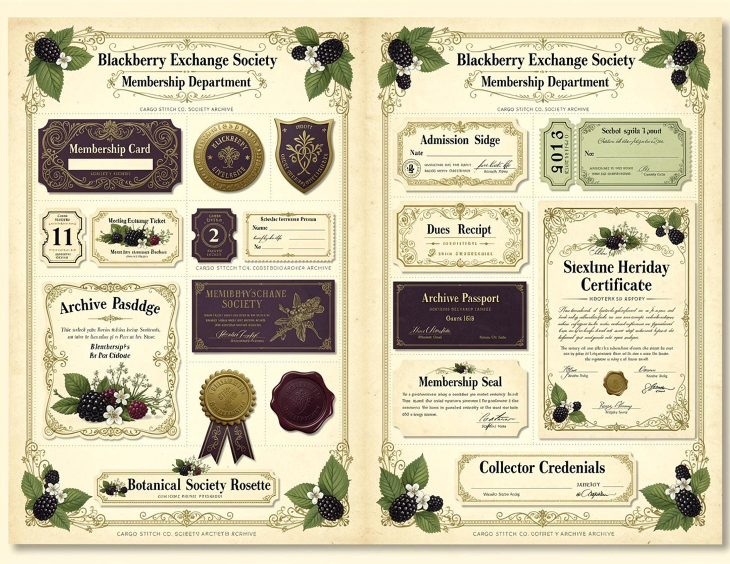 Blackberry Exchange Society Ephemera Collection | 19 Printable Pages, Vintage Botanical Junk Journal Kit | Tags, Labels Tickets Certificates