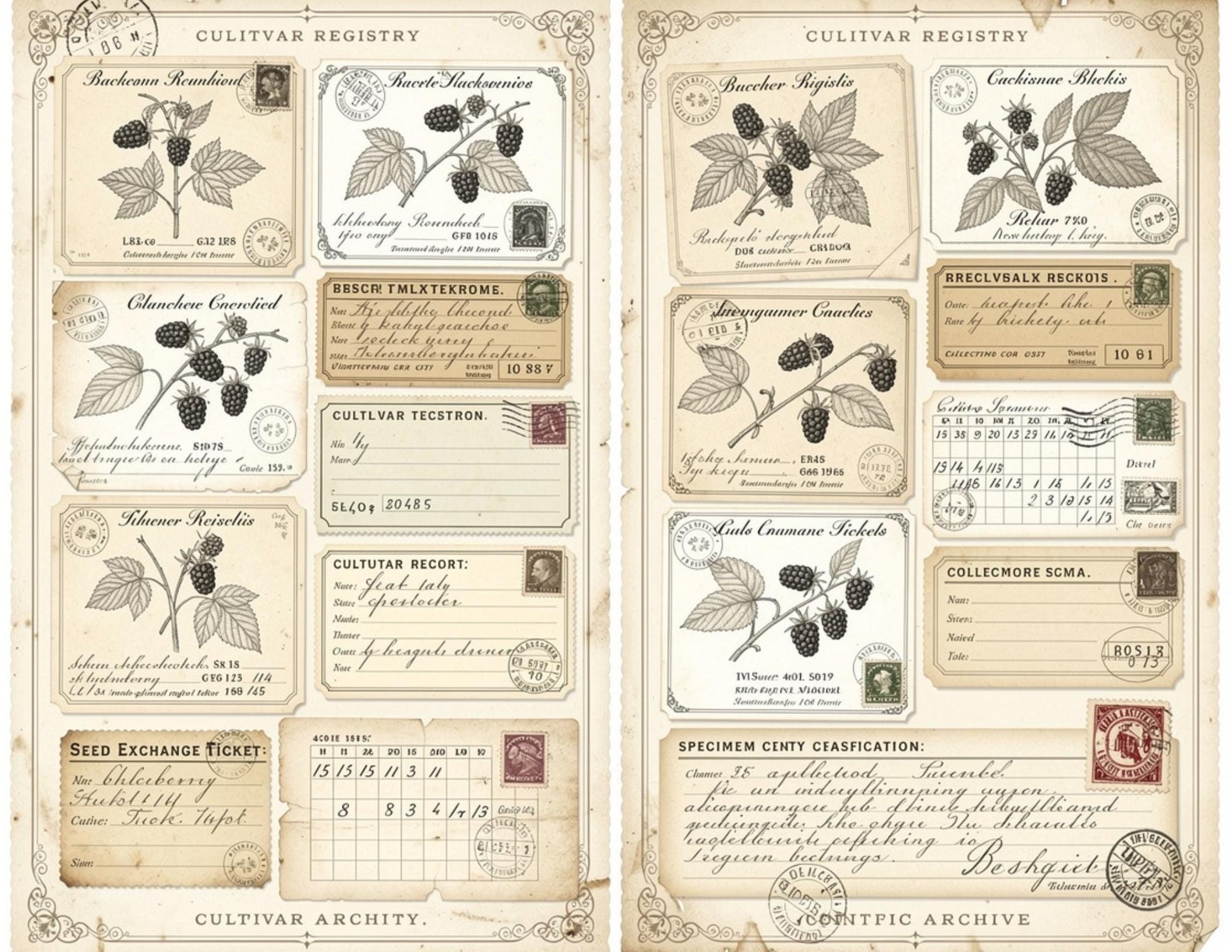 Blackberry Exchange Society Ephemera Collection | 19 Printable Pages, Vintage Botanical Junk Journal Kit | Tags, Labels Tickets Certificates