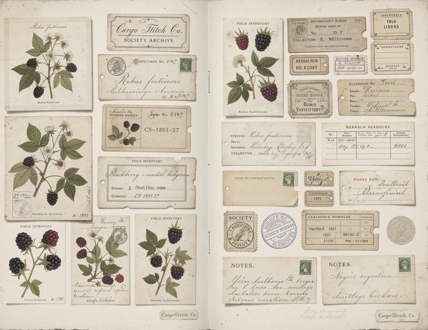 Blackberry Exchange Society Ephemera Collection | 19 Printable Pages, Vintage Botanical Junk Journal Kit | Tags, Labels Tickets Certificates