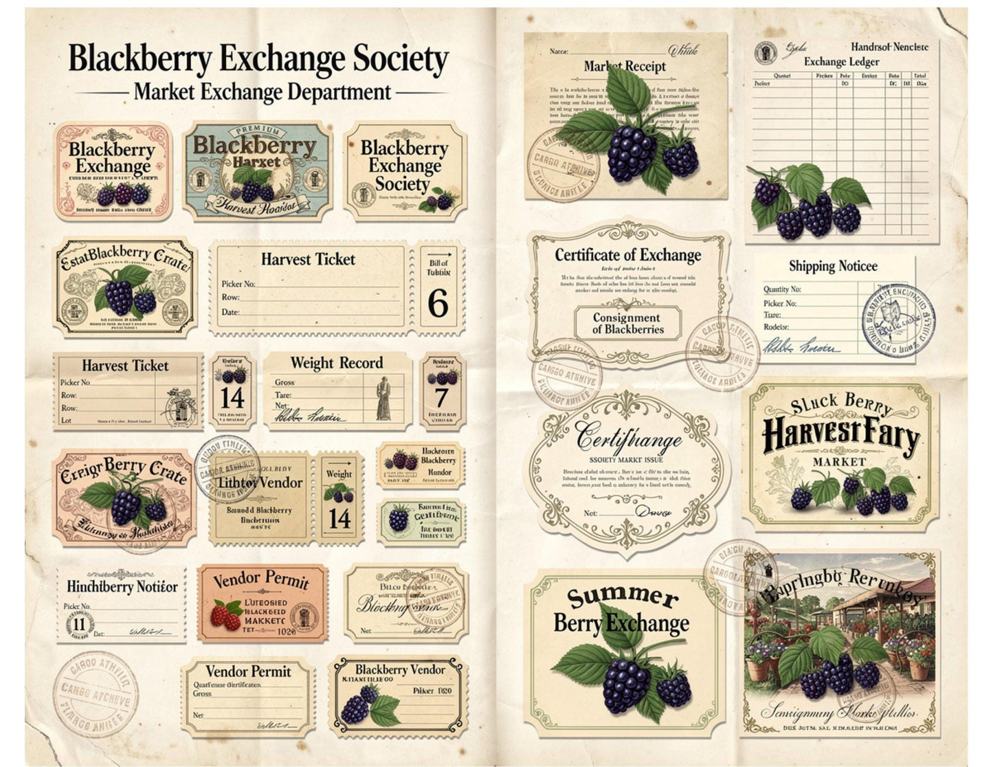 Blackberry Exchange Society Ephemera Collection | 19 Printable Pages, Vintage Botanical Junk Journal Kit | Tags, Labels Tickets Certificates