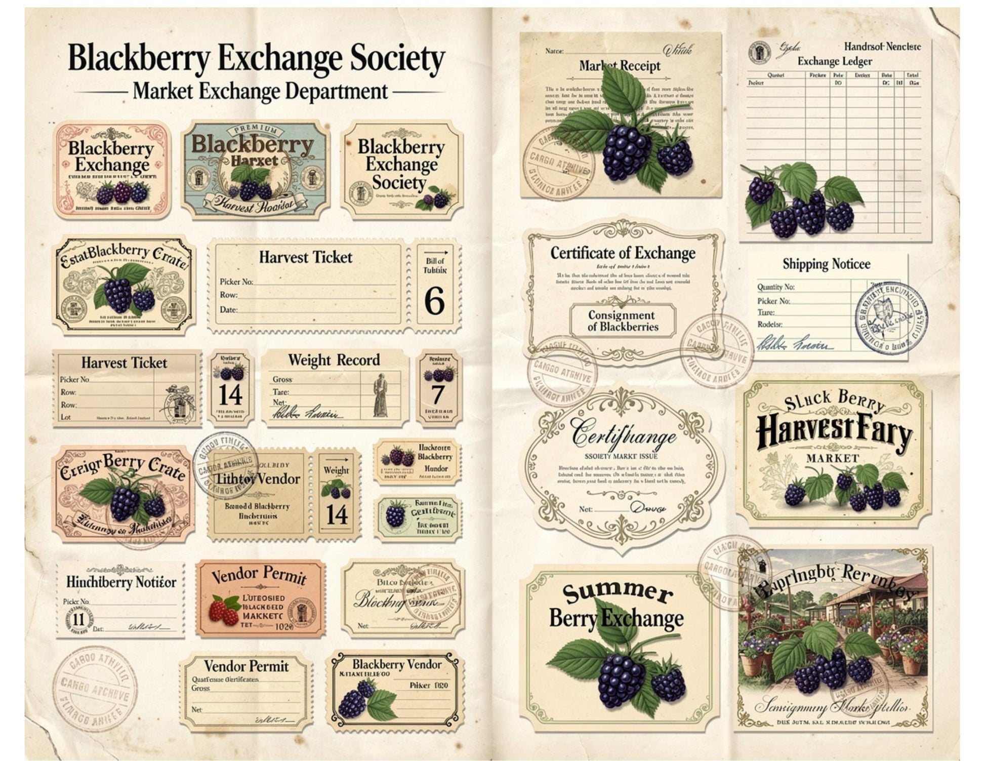 Blackberry Exchange Society Ephemera Collection | 19 Printable Pages, Vintage Botanical Junk Journal Kit | Tags, Labels Tickets Certificates