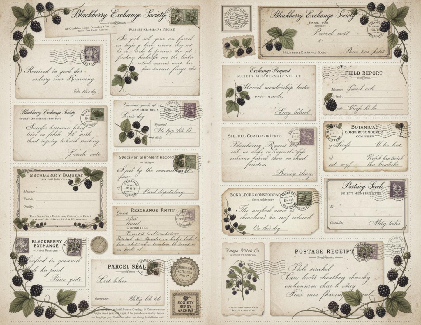 Blackberry Exchange Society Ephemera Collection | 19 Printable Pages, Vintage Botanical Junk Journal Kit | Tags, Labels Tickets Certificates