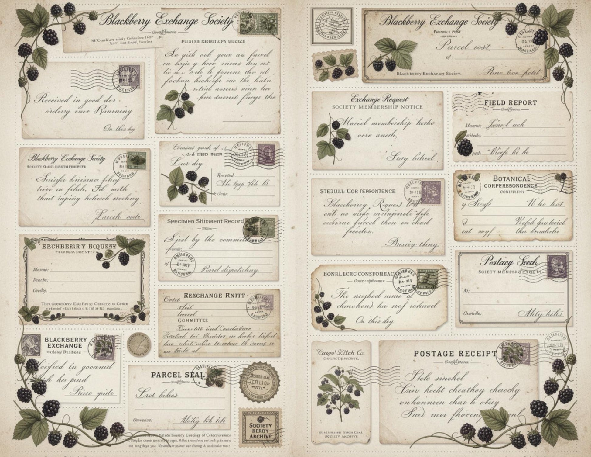 Blackberry Exchange Society Ephemera Collection | 19 Printable Pages, Vintage Botanical Junk Journal Kit | Tags, Labels Tickets Certificates