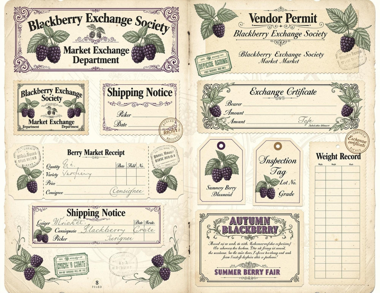 Blackberry Exchange Society Ephemera Collection | 19 Printable Pages, Vintage Botanical Junk Journal Kit | Tags, Labels Tickets Certificates