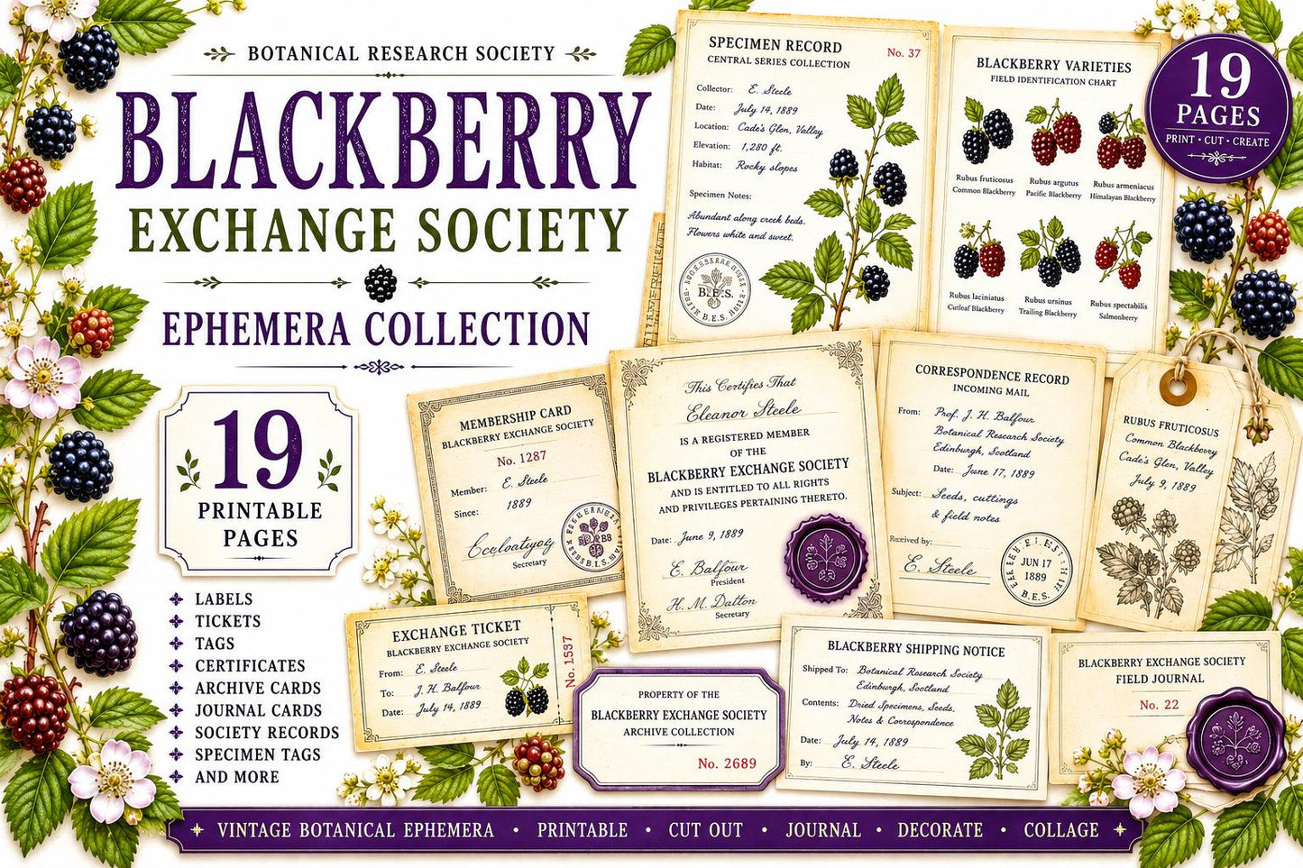 Blackberry Exchange Society Ephemera Collection | 19 Printable Pages, Vintage Botanical Junk Journal Kit | Tags, Labels Tickets Certificates