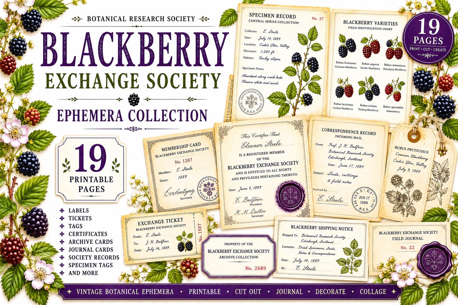 Blackberry Exchange Society Ephemera Collection | 19 Printable Pages, Vintage Botanical Junk Journal Kit | Tags, Labels Tickets Certificates