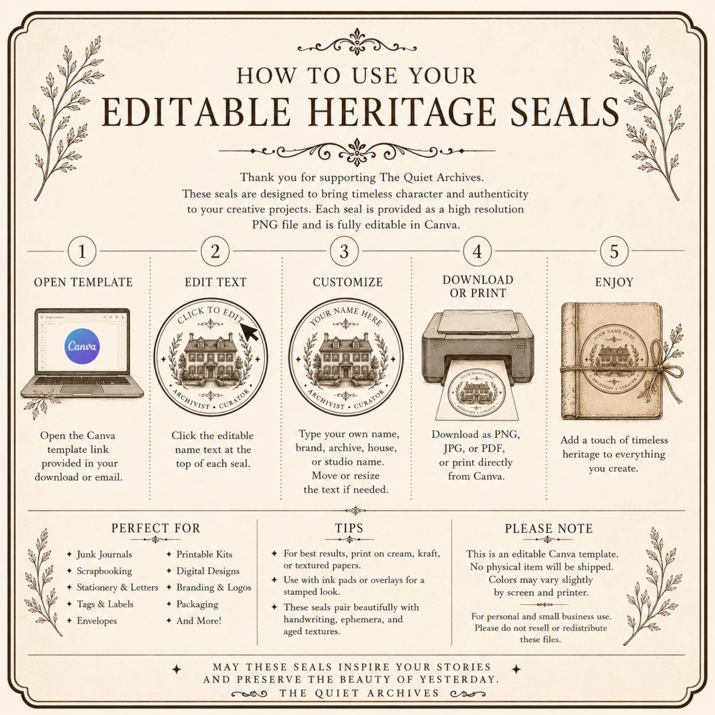 10 Editable Heritage Seal Templates | Canva Vintage Logo Set | Custom Family Crest | Archive & Cottage Branding | Printable Stamp Design