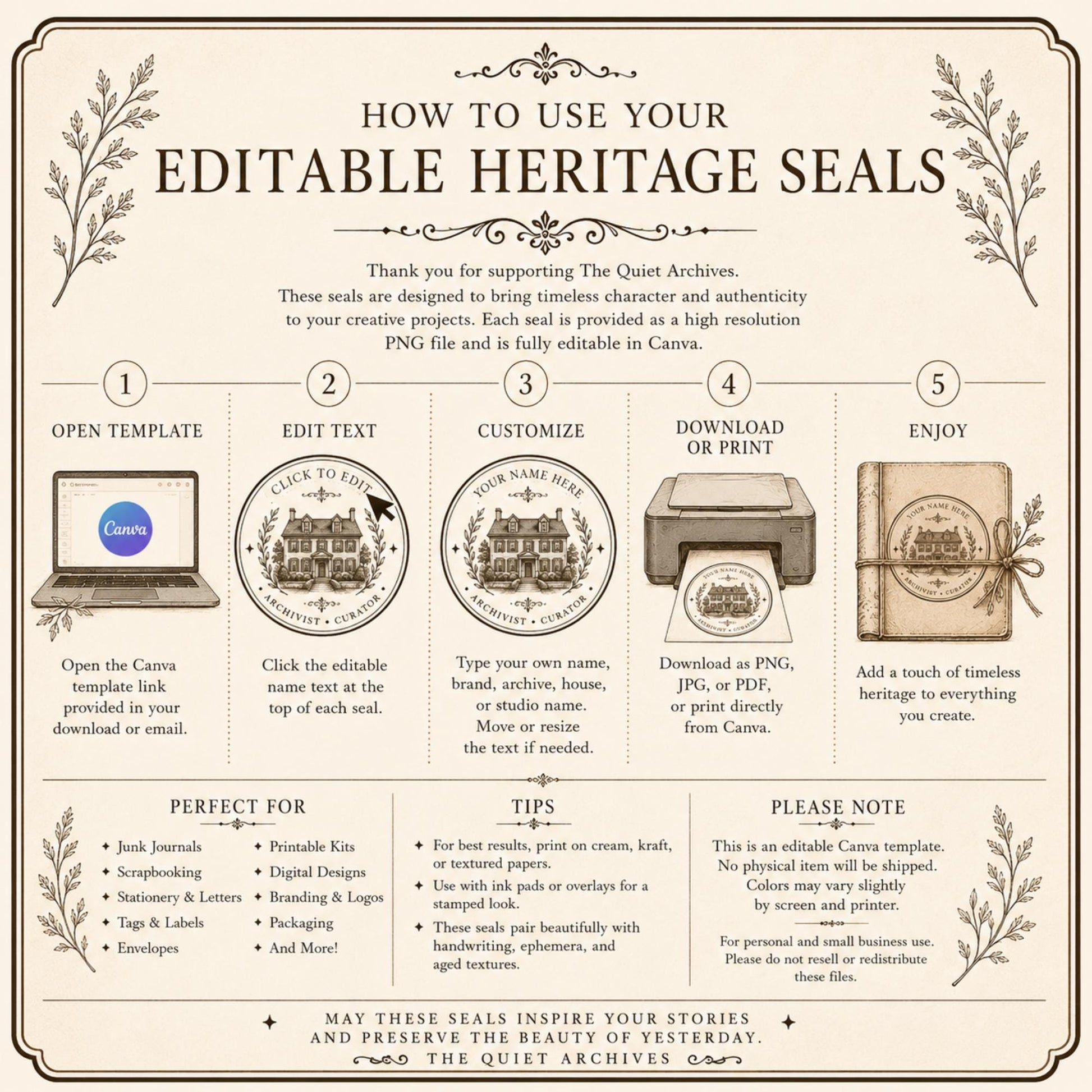 10 Editable Heritage Seal Templates | Canva Vintage Logo Set | Custom Family Crest | Archive & Cottage Branding | Printable Stamp Design