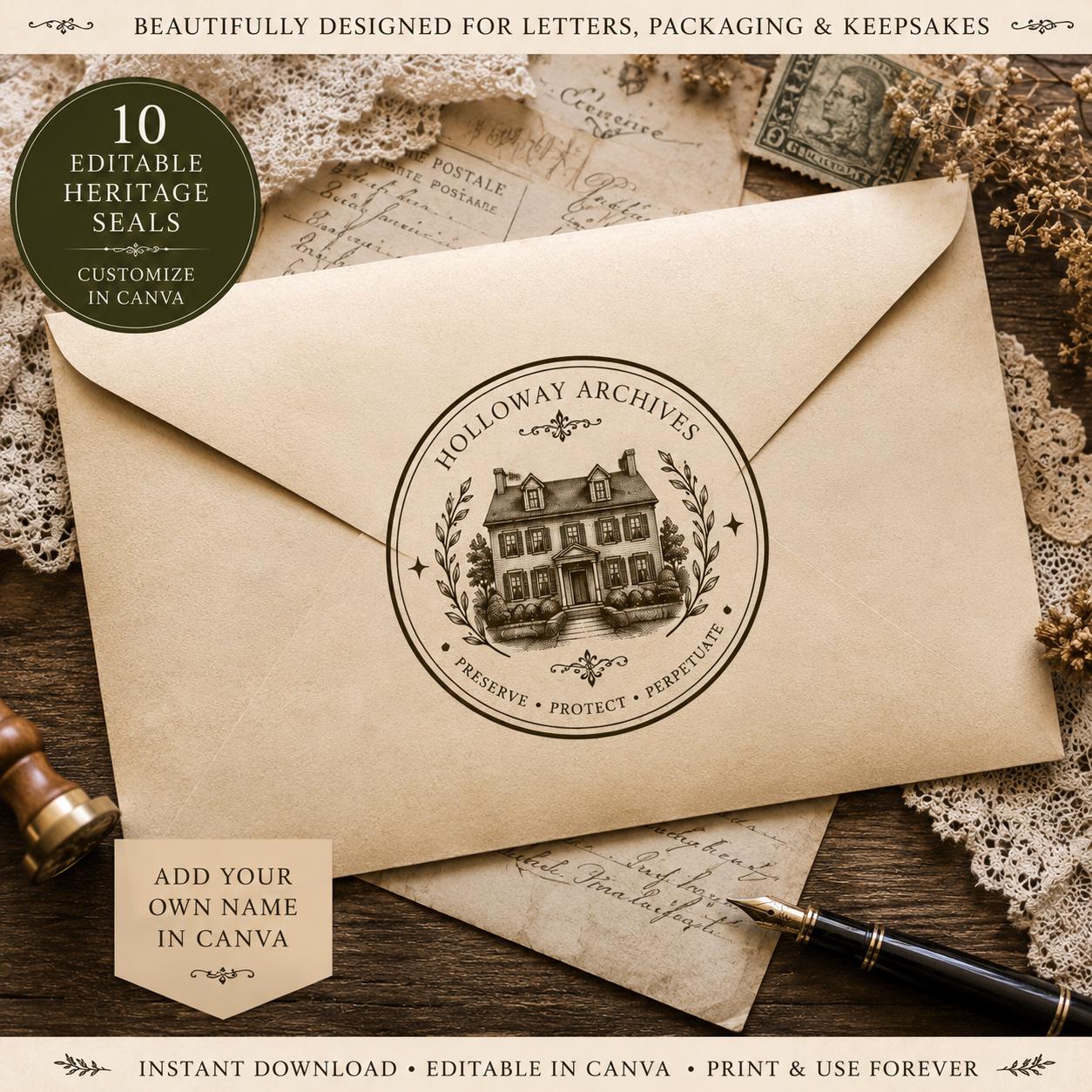 10 Editable Heritage Seal Templates | Canva Vintage Logo Set | Custom Family Crest | Archive & Cottage Branding | Printable Stamp Design