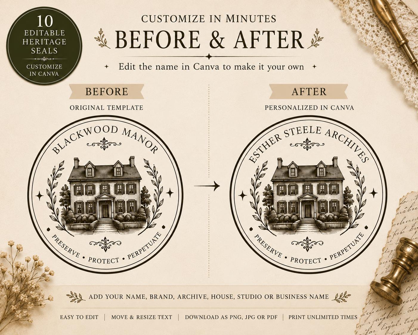 10 Editable Heritage Seal Templates | Canva Vintage Logo Set | Custom Family Crest | Archive & Cottage Branding | Printable Stamp Design