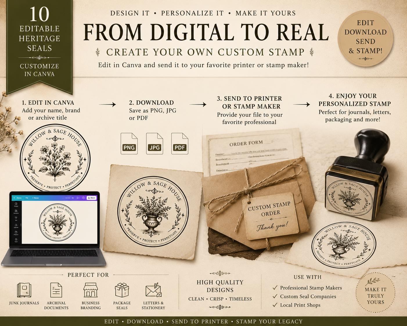 10 Editable Heritage Seal Templates | Canva Vintage Logo Set | Custom Family Crest | Archive & Cottage Branding | Printable Stamp Design