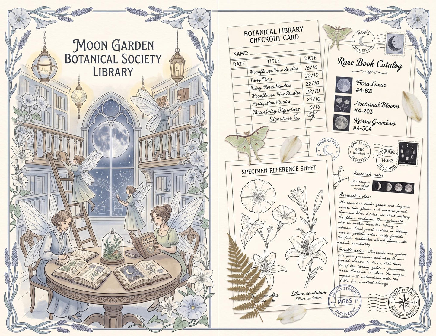 Moon Garden Botanical Society Night Bloom Archive | Botanical Journal Papers, Vintage Herbarium Collection, Printable Junk Journal Ephemera