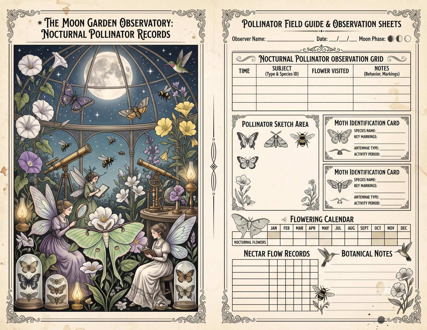Moon Garden Botanical Society Night Bloom Archive | Botanical Journal Papers, Vintage Herbarium Collection, Printable Junk Journal Ephemera