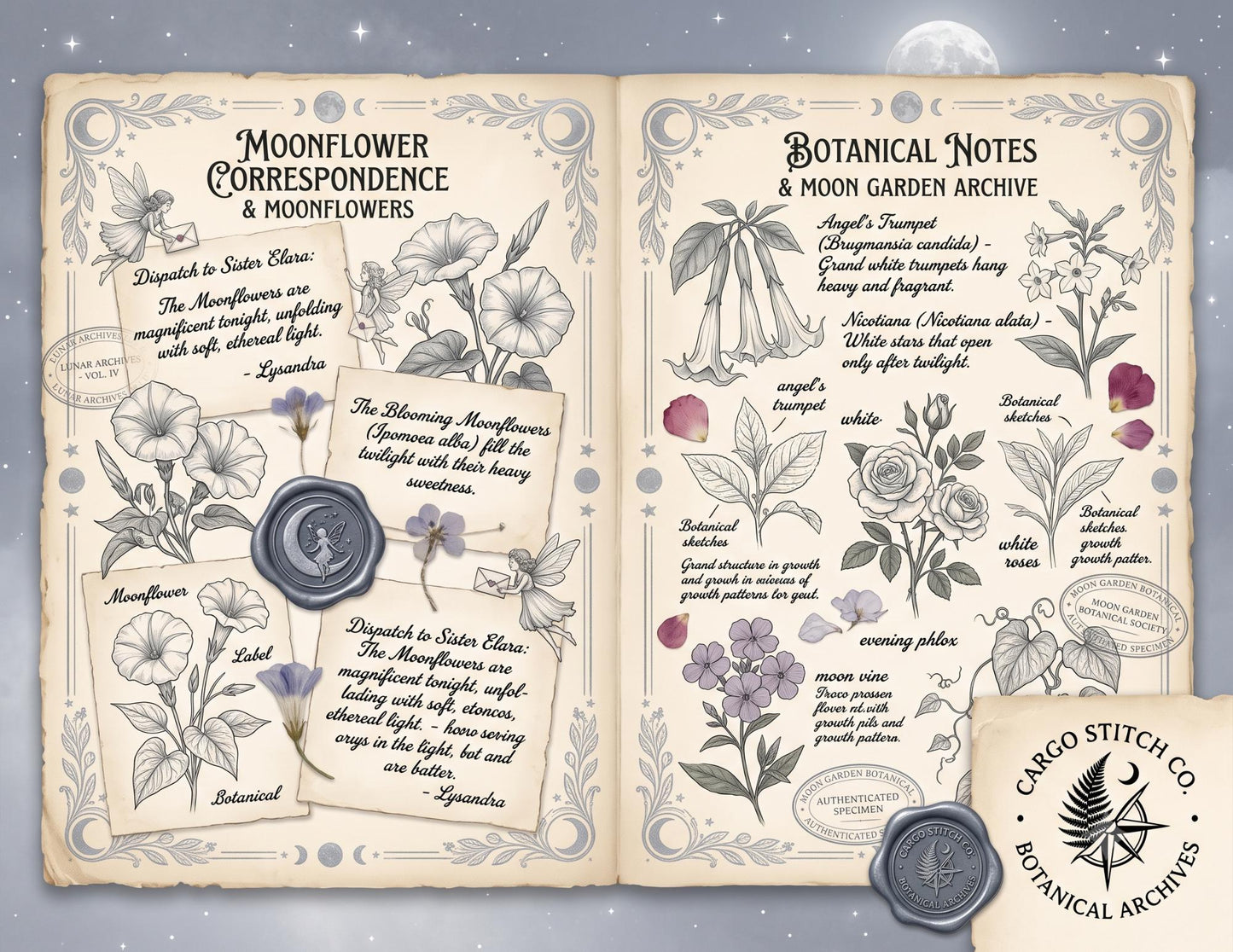 Moon Garden Botanical Society Night Bloom Archive | Botanical Journal Papers, Vintage Herbarium Collection, Printable Junk Journal Ephemera