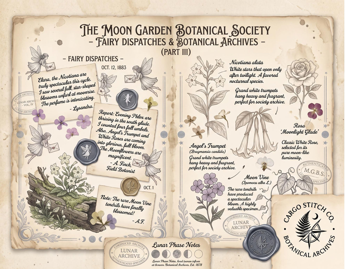 Moon Garden Botanical Society Night Bloom Archive | Botanical Journal Papers, Vintage Herbarium Collection, Printable Junk Journal Ephemera