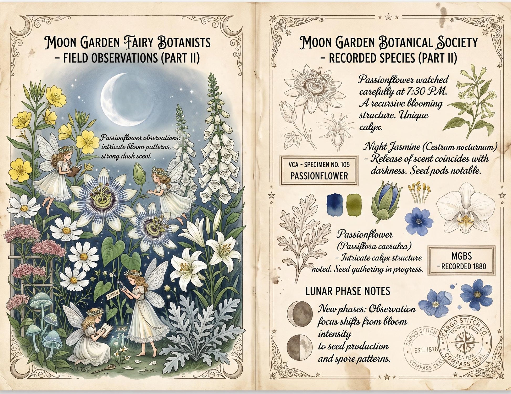 Moon Garden Botanical Society Night Bloom Archive | Botanical Journal Papers, Vintage Herbarium Collection, Printable Junk Journal Ephemera