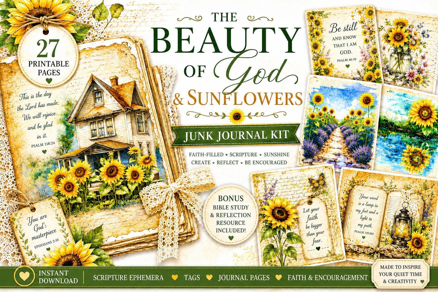 Beauty of God & Sunflowers Printable Junk Journal Kit | 27 Faith-Based Pages + Bible Study Bonus