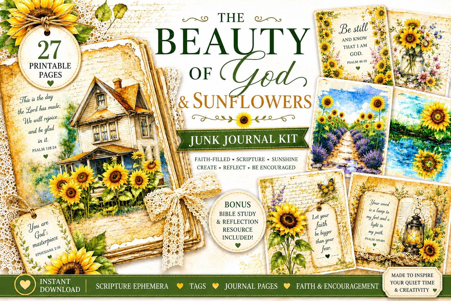 Beauty of God & Sunflowers Printable Junk Journal Kit | 27 Faith-Based Pages + Bible Study Bonus
