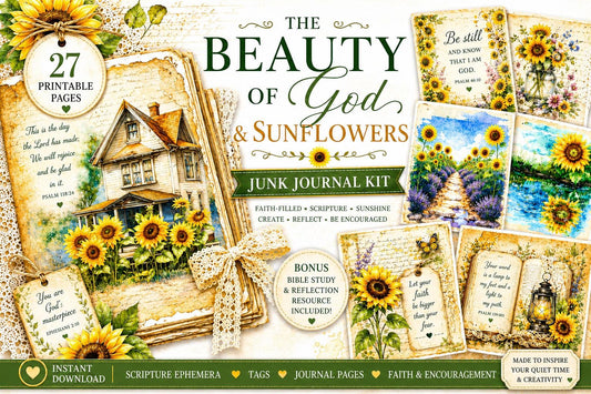 Beauty of God & Sunflowers Printable Junk Journal Kit | 27 Faith-Based Pages + Bible Study Bonus