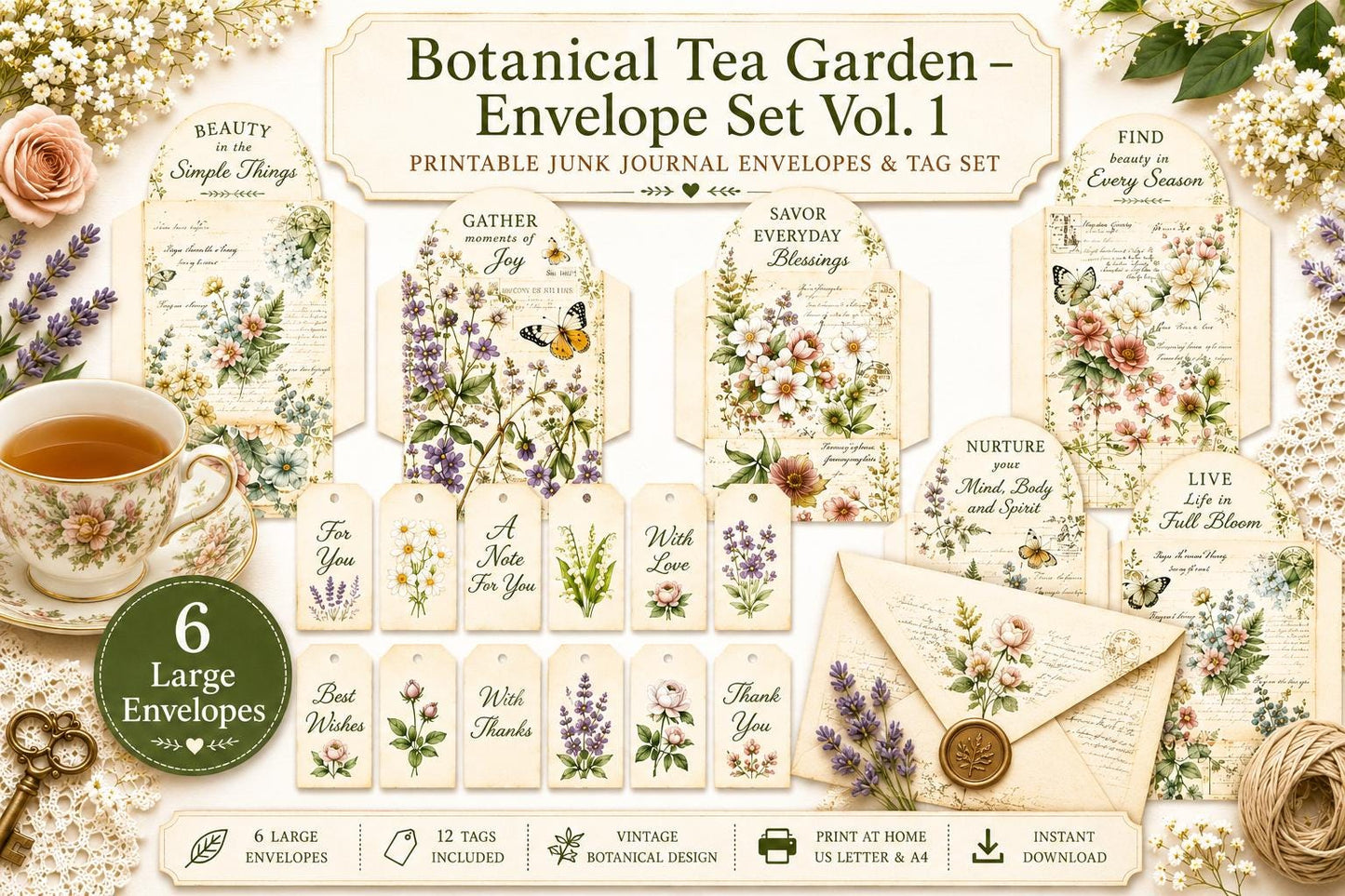 Botanical Tea Garden Envelope Set Vol. 1 | Printable Junk Journal Envelopes | Print At Home | Great For Church Events