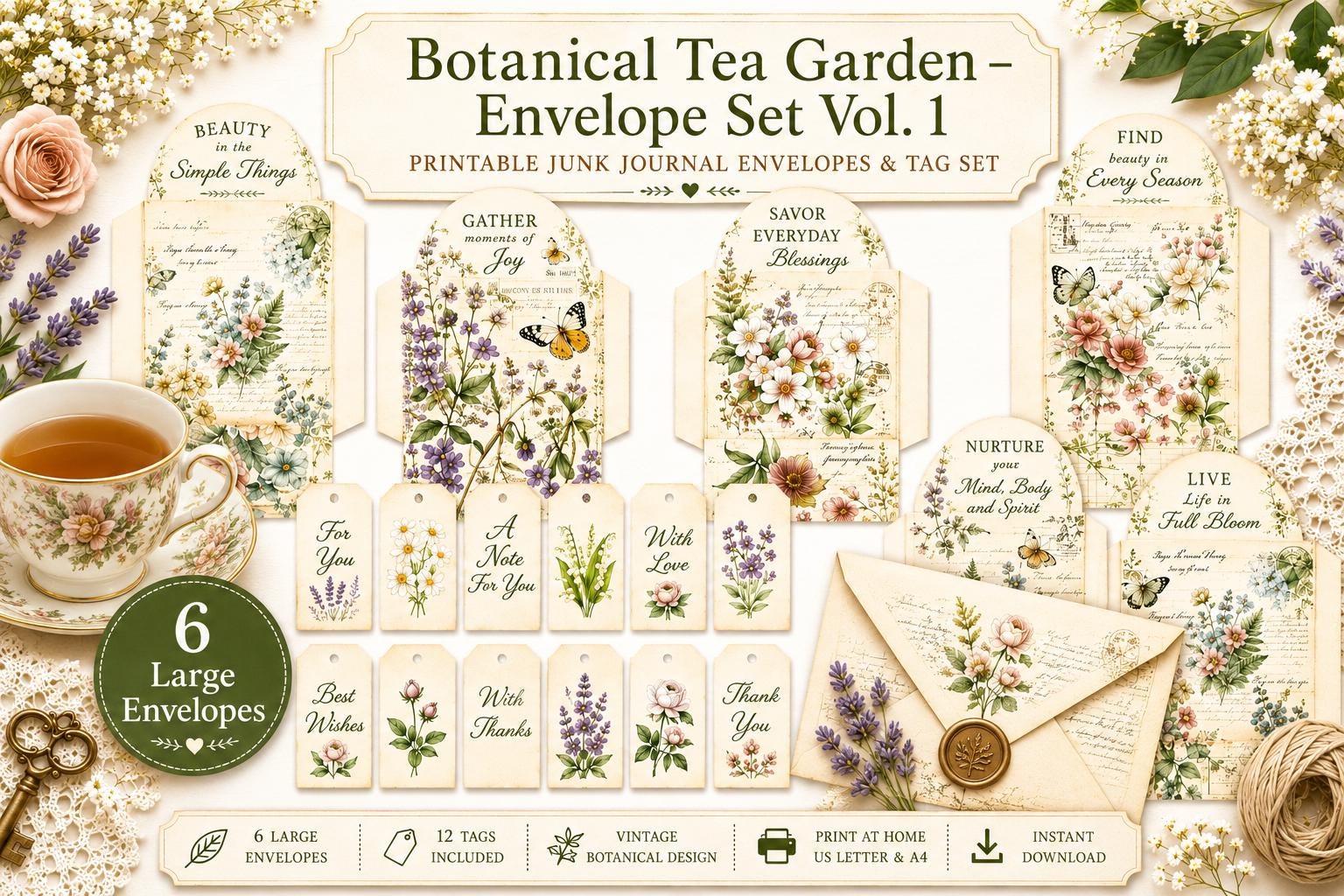 Botanical Tea Garden Envelope Set Vol. 1 | Printable Junk Journal Envelopes | Print At Home | Great For Church Events