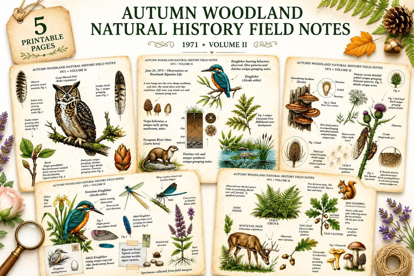 Field Notes Woodland Natural History Vol II Printable Junk Journal Pages, Vintage Woodland Ephemera, Nature Journal, Botanical Papers
