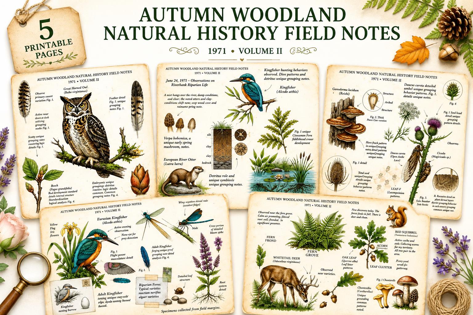 Field Notes Woodland Natural History Vol II Printable Junk Journal Pages, Vintage Woodland Ephemera, Nature Journal, Botanical Papers