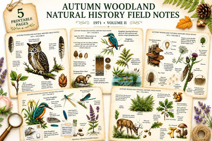 Field Notes Woodland Natural History Vol II Printable Junk Journal Pages, Vintage Woodland Ephemera, Nature Journal, Botanical Papers