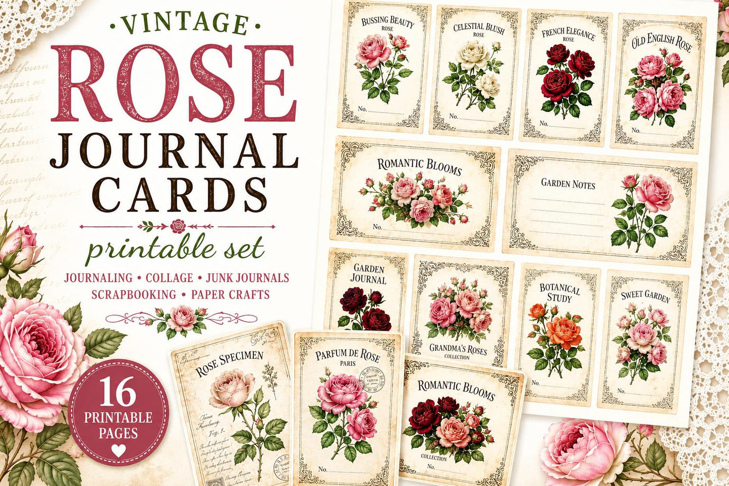 Vintage Rose Journal Cards Printable, Victorian Floral Ephemera, Botanical Junk Journal Cards, Printable Collage Cards