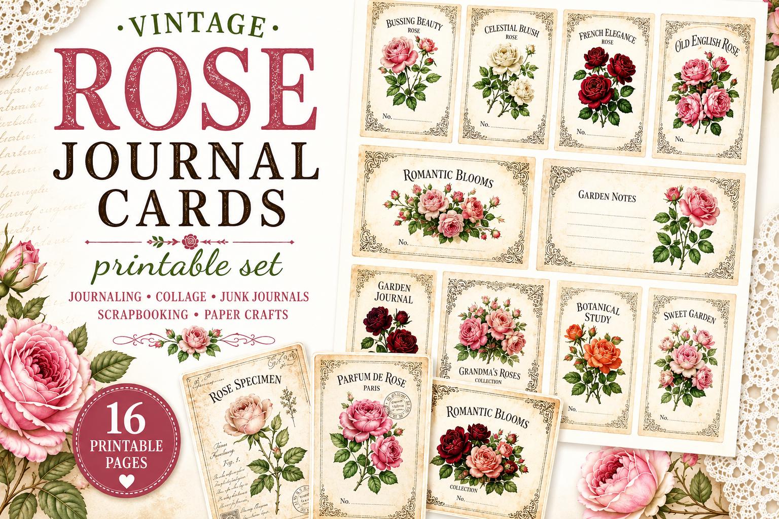 Vintage Rose Journal Cards Printable, Victorian Floral Ephemera, Botanical Junk Journal Cards, Printable Collage Cards