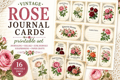 Vintage Rose Journal Cards Printable, Victorian Floral Ephemera, Botanical Junk Journal Cards, Printable Collage Cards