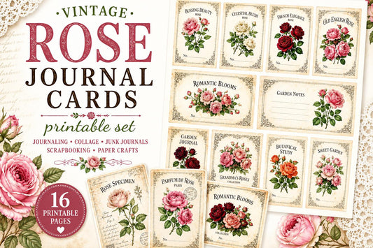 Vintage Rose Journal Cards Printable, Victorian Floral Ephemera, Botanical Junk Journal Cards, Printable Collage Cards