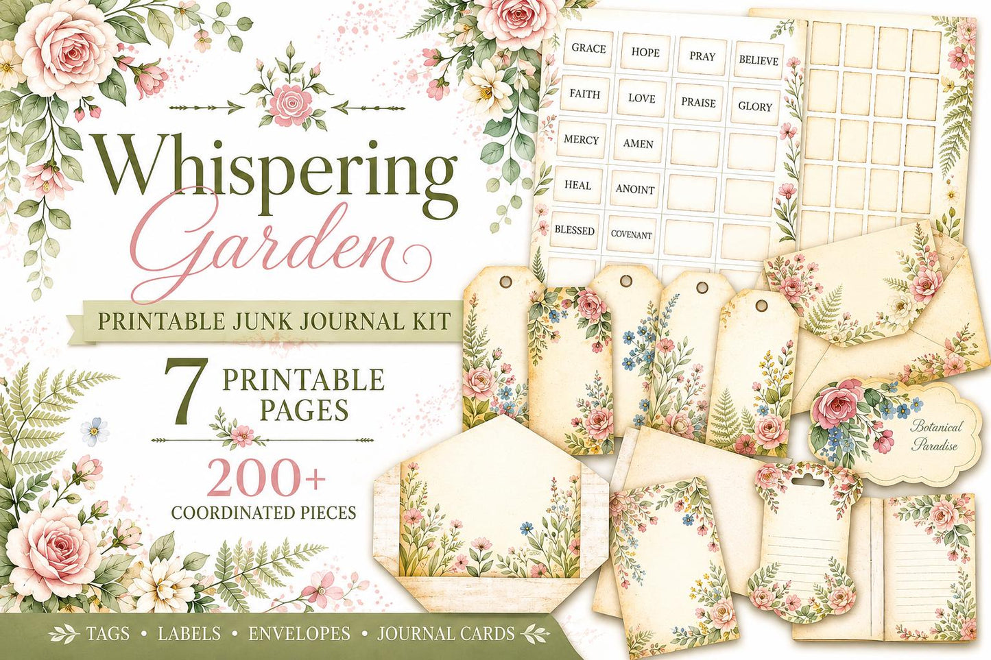 Whispering Garden Printable Junk Journal Kit | 7 Pages | 200+ Botanical Labels Tags Envelopes Ephemera