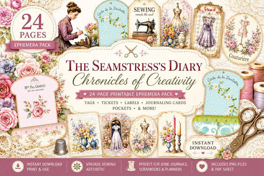 The Seamstress’s Diary: Chronicles of Creativity, Ephemera Pack, Vintage Sewing Junk Journal Kit, Tags, Tickets & Floral Sewing Elements