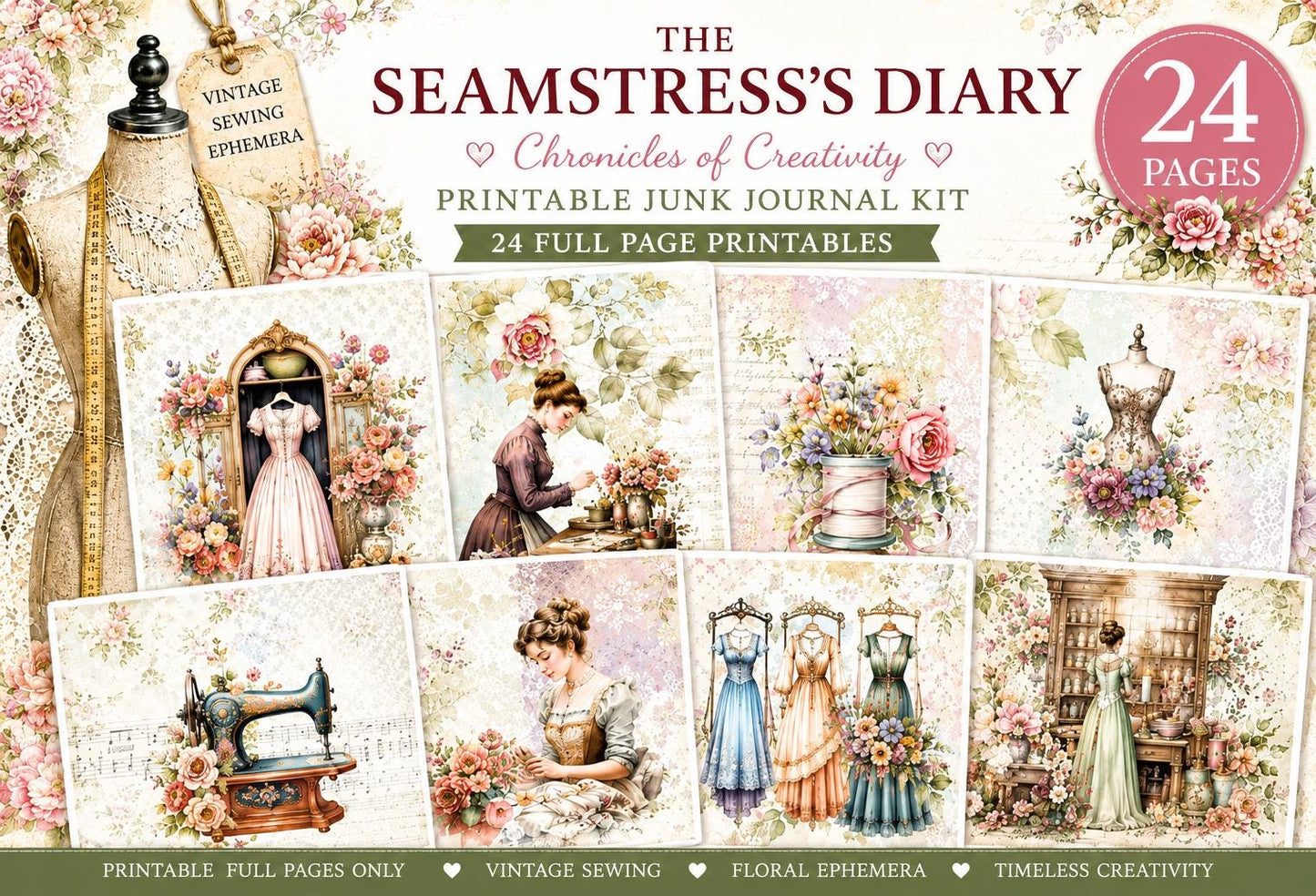 The Seamstress’s Diary Vol. 3 | 24 Page Vintage Sewing Folio Kit | Printable Junk Journal Ephemera
