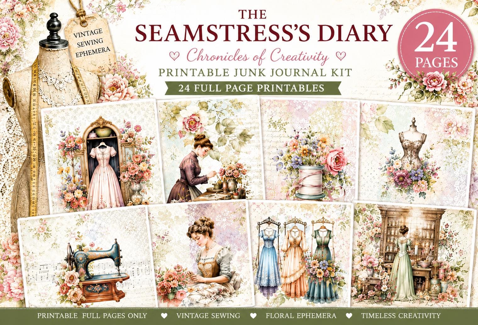 The Seamstress’s Diary Vol. 3 | 24 Page Vintage Sewing Folio Kit | Printable Junk Journal Ephemera