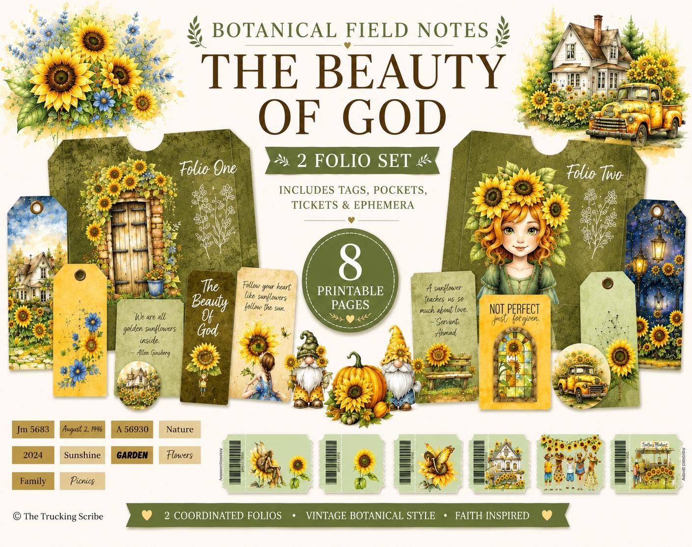 Botanical Field Notes – The Beauty of God Sunflower Folio Set | 8 Printable Journal Pages