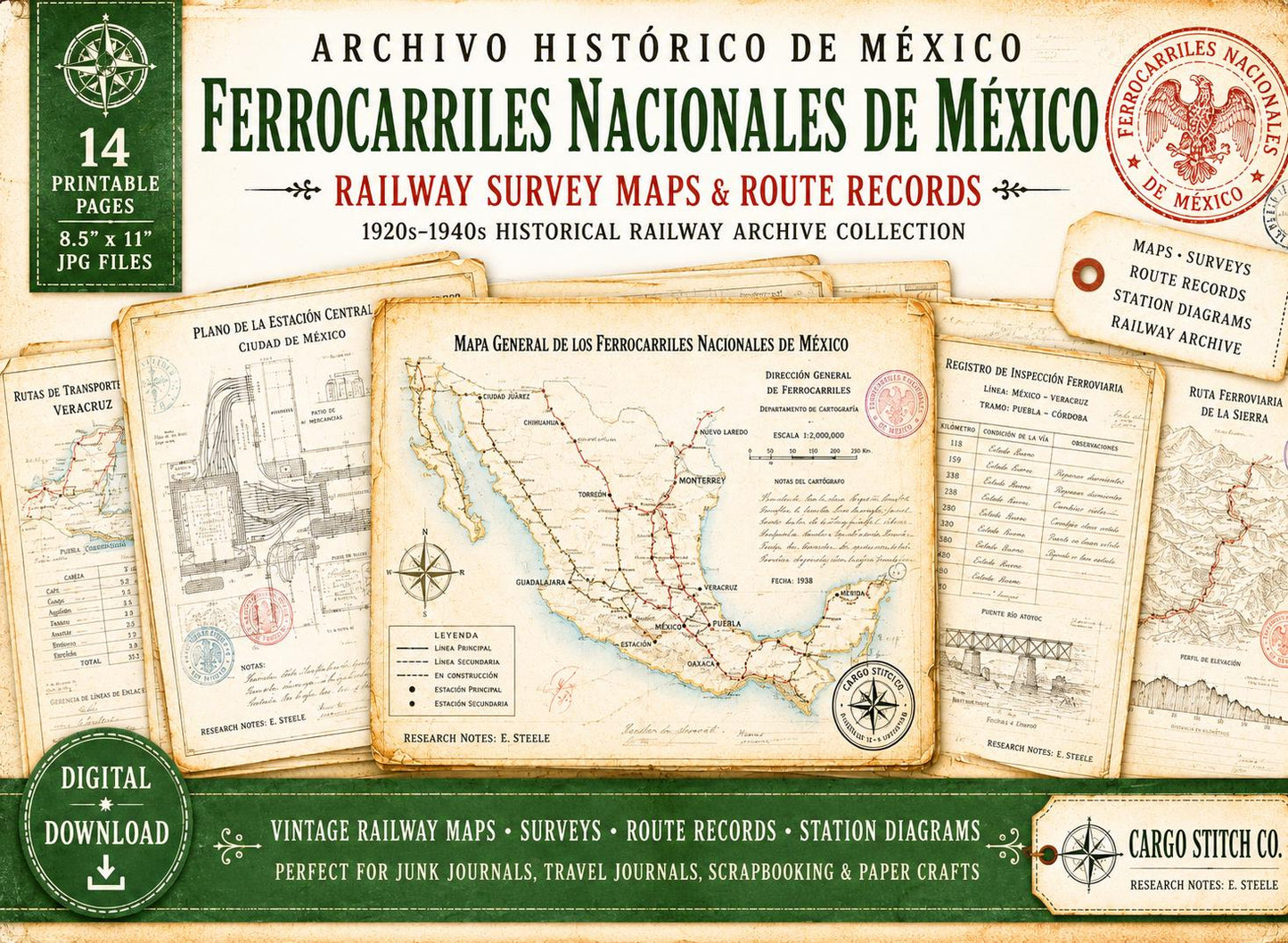 Mexico Railway Survey Maps | Ferrocarriles Nacionales de México | Vintage Railway Archive | Printable Journal Pages | Digital Download