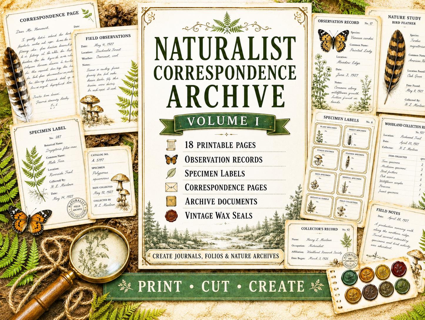 Naturalist Correspondence Archive Volume I | Woodland Field Notes Printable Kit, Nature Journal Ephemera, Observation Records, Journal Pages