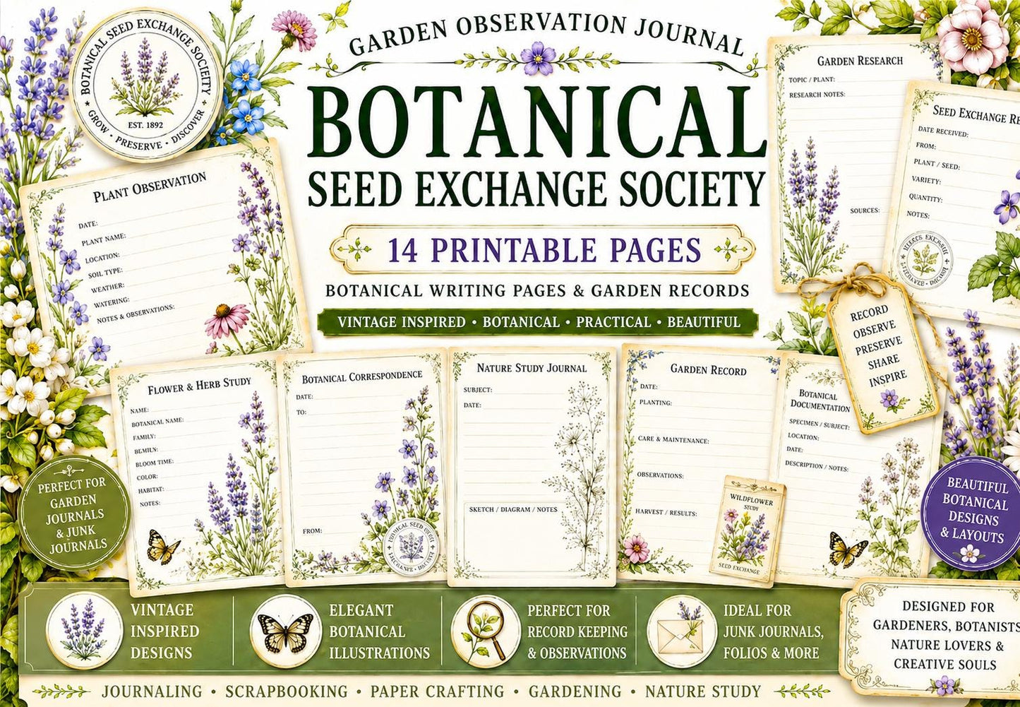Botanical Seed Exchange Society Garden Observation Journal | 14 Printable Pages | Botanical Writing Pages & Garden Records