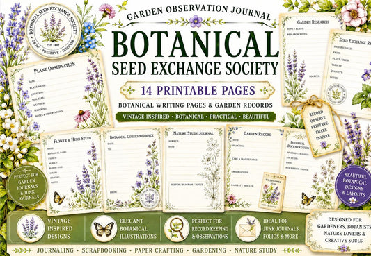 Botanical Seed Exchange Society Garden Observation Journal | 14 Printable Pages | Botanical Writing Pages & Garden Records