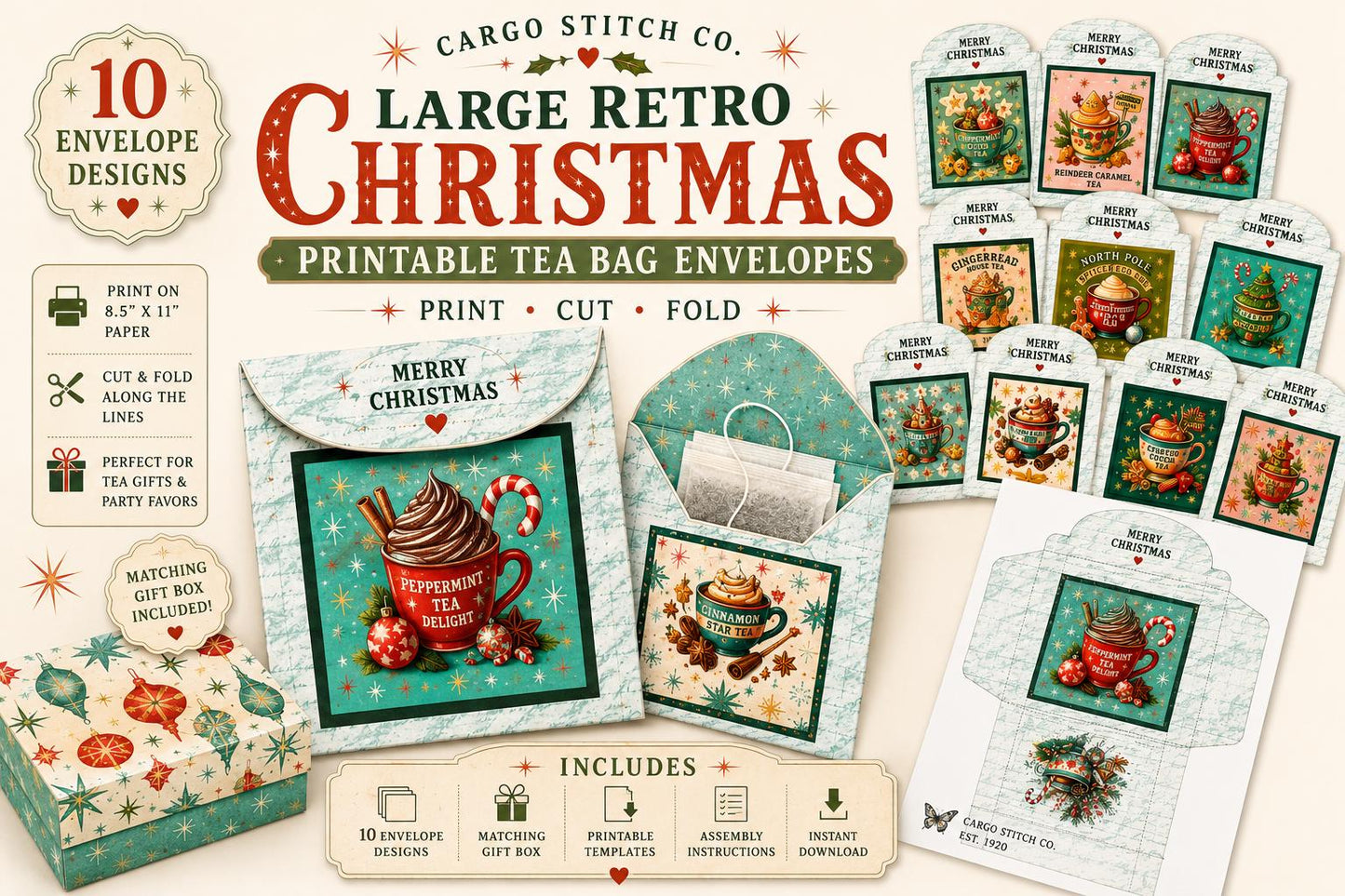 Vintage Christmas Tea Bag Envelopes – 15 Printable Tea Wraps + Gift Box | Holiday Ephemera for Journals & Happy Mail