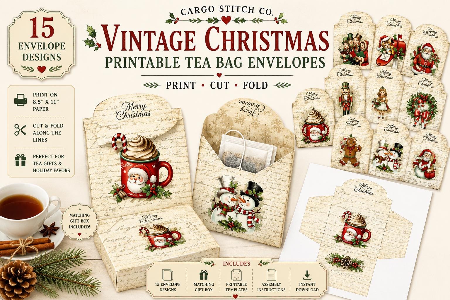 Vintage Printable Mini Tea Bag Envelopes • Junk Journal Supplies • Christmas Paper Craft • Instant Digital Download