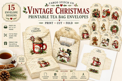 Vintage Printable Mini Tea Bag Envelopes • Junk Journal Supplies • Christmas Paper Craft • Instant Digital Download